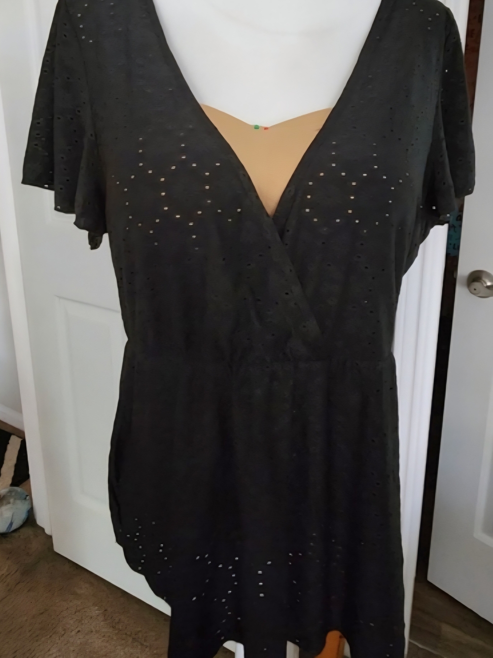 Black Eyelet Wrap-Style Short Sleeve Dress